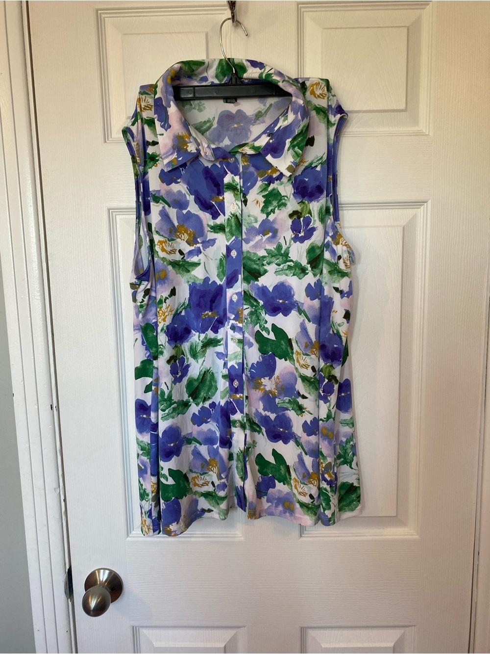 Nina Leonard Floral Sleeveless Button Front Top Purple Green 2X